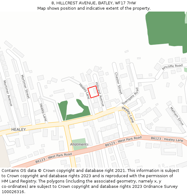 8, HILLCREST AVENUE, BATLEY, WF17 7HW: Location map and indicative extent of plot