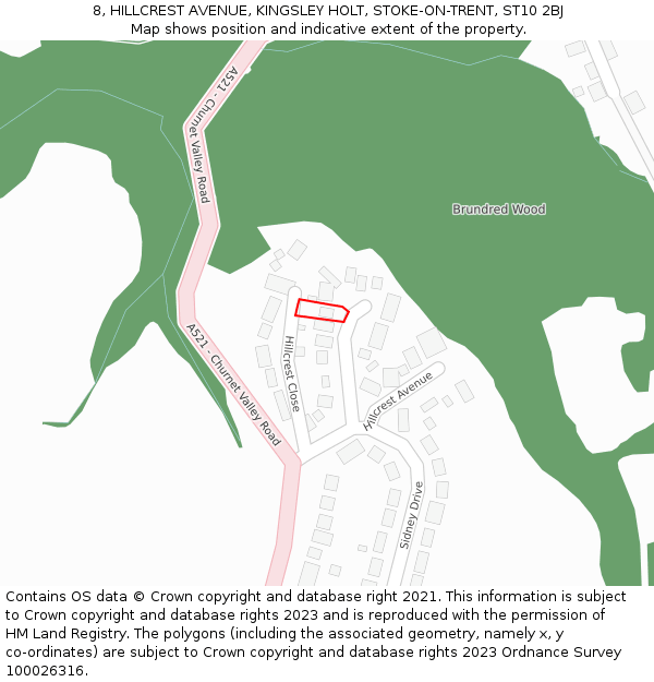 8, HILLCREST AVENUE, KINGSLEY HOLT, STOKE-ON-TRENT, ST10 2BJ: Location map and indicative extent of plot