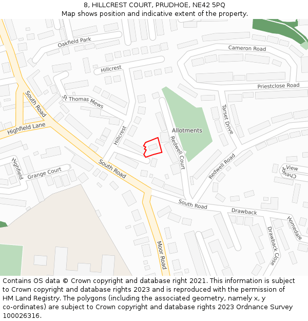 8, HILLCREST COURT, PRUDHOE, NE42 5PQ: Location map and indicative extent of plot