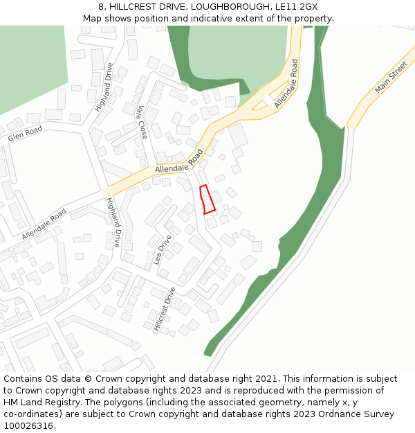 8, HILLCREST DRIVE, LOUGHBOROUGH, LE11 2GX: Location map and indicative extent of plot