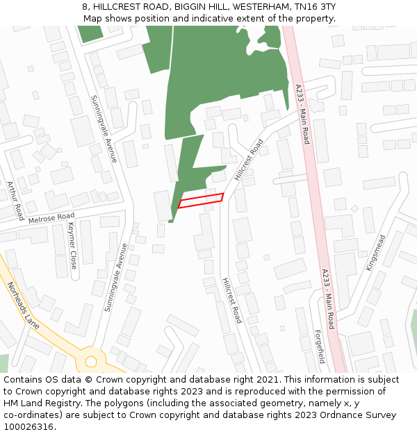 8, HILLCREST ROAD, BIGGIN HILL, WESTERHAM, TN16 3TY: Location map and indicative extent of plot