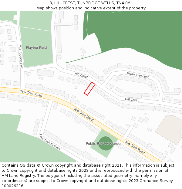 8, HILLCREST, TUNBRIDGE WELLS, TN4 0AH: Location map and indicative extent of plot