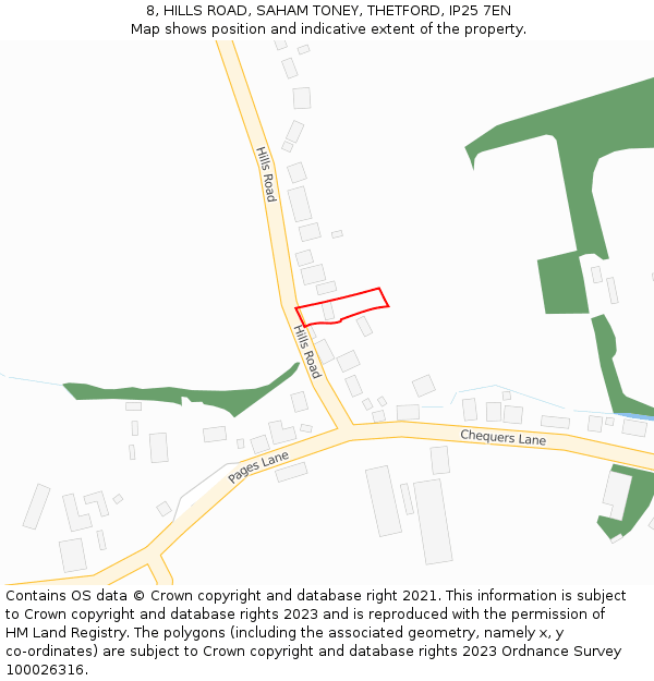 8, HILLS ROAD, SAHAM TONEY, THETFORD, IP25 7EN: Location map and indicative extent of plot