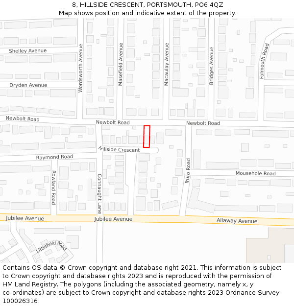 8, HILLSIDE CRESCENT, PORTSMOUTH, PO6 4QZ: Location map and indicative extent of plot