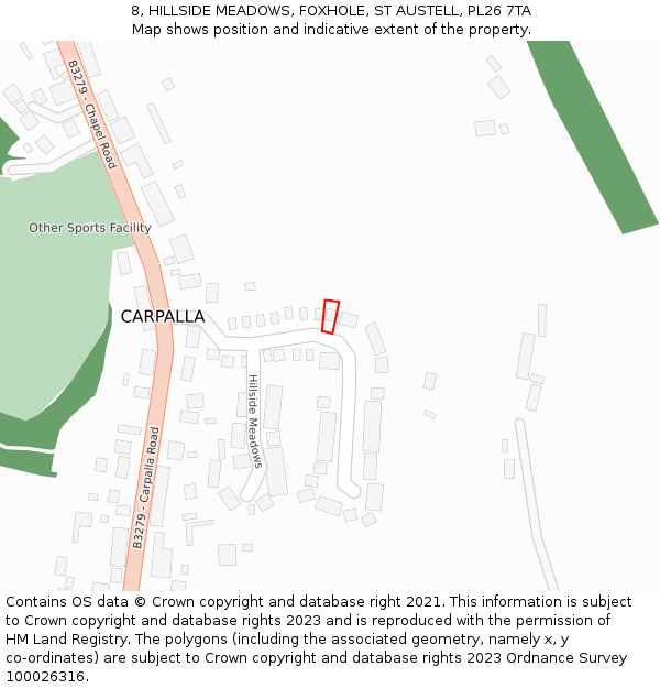 8, HILLSIDE MEADOWS, FOXHOLE, ST AUSTELL, PL26 7TA: Location map and indicative extent of plot