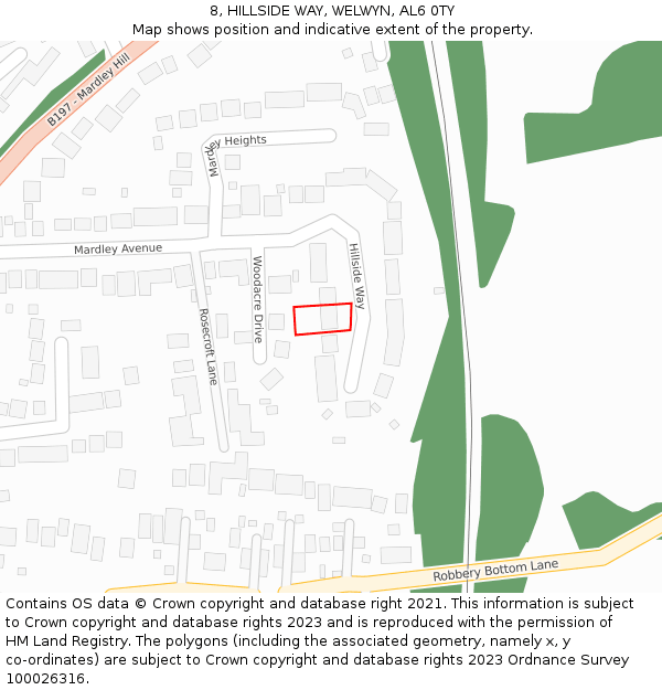 8, HILLSIDE WAY, WELWYN, AL6 0TY: Location map and indicative extent of plot