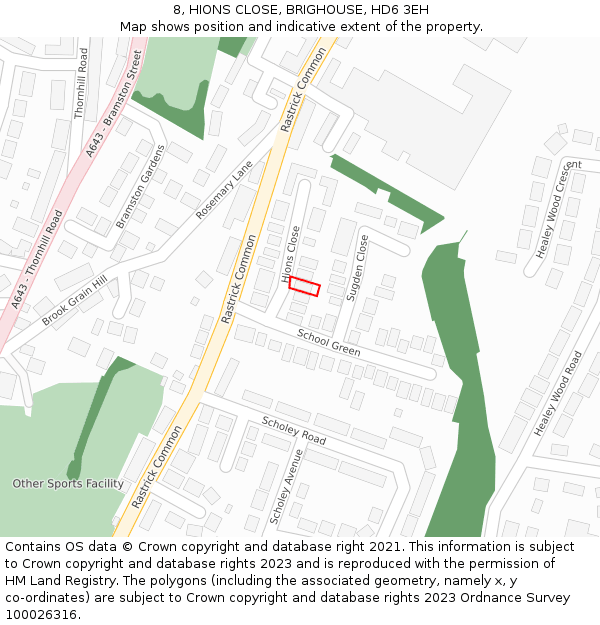 8, HIONS CLOSE, BRIGHOUSE, HD6 3EH: Location map and indicative extent of plot