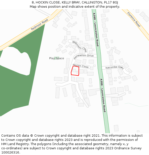 8, HOCKIN CLOSE, KELLY BRAY, CALLINGTON, PL17 8GJ: Location map and indicative extent of plot