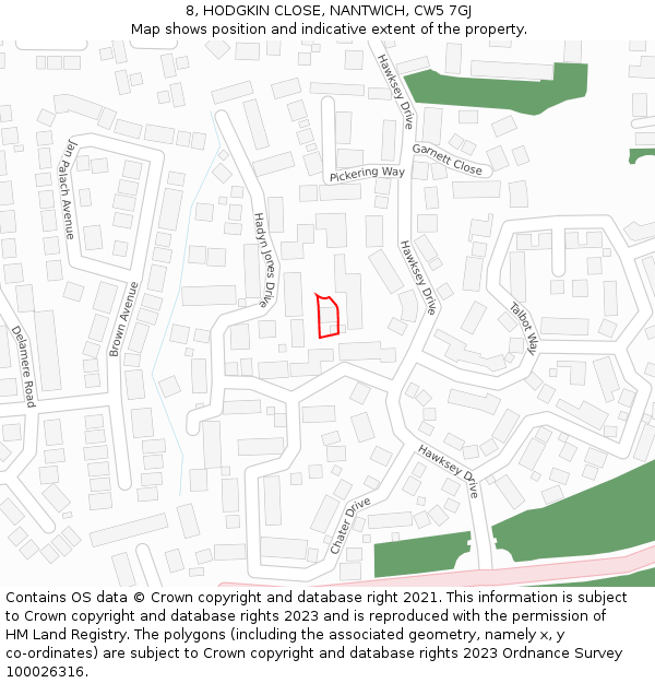 8, HODGKIN CLOSE, NANTWICH, CW5 7GJ: Location map and indicative extent of plot