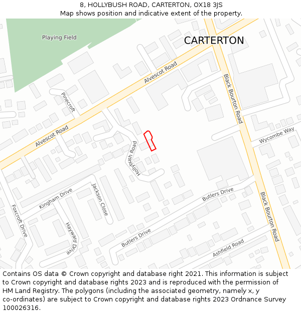8, HOLLYBUSH ROAD, CARTERTON, OX18 3JS: Location map and indicative extent of plot