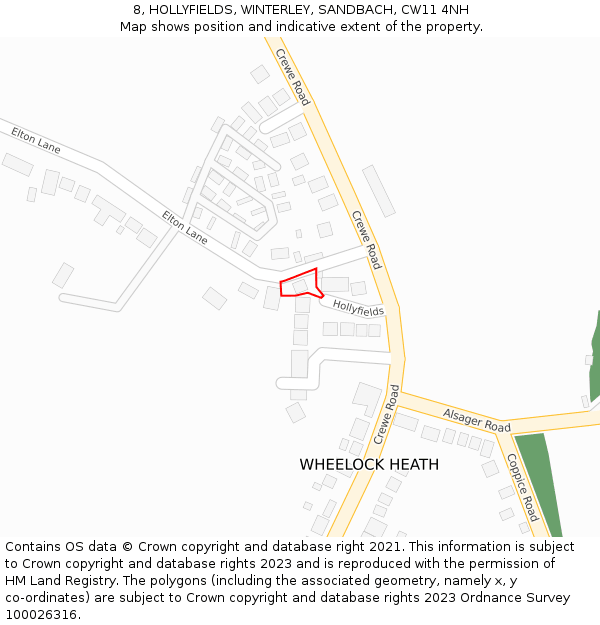 8, HOLLYFIELDS, WINTERLEY, SANDBACH, CW11 4NH: Location map and indicative extent of plot