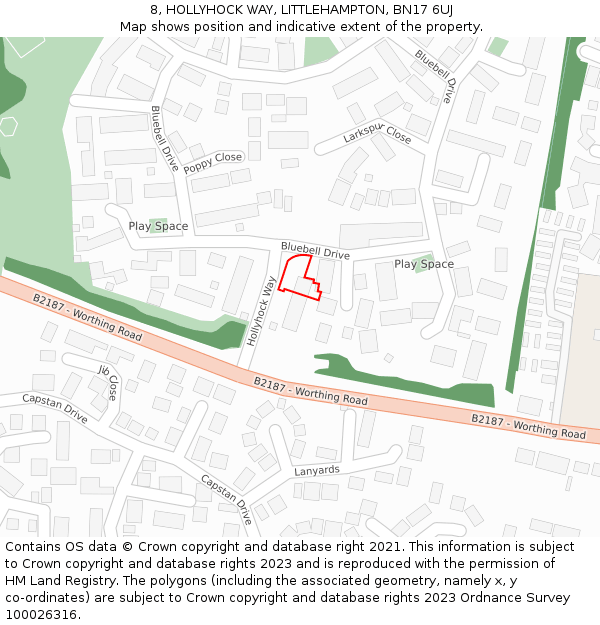 8, HOLLYHOCK WAY, LITTLEHAMPTON, BN17 6UJ: Location map and indicative extent of plot
