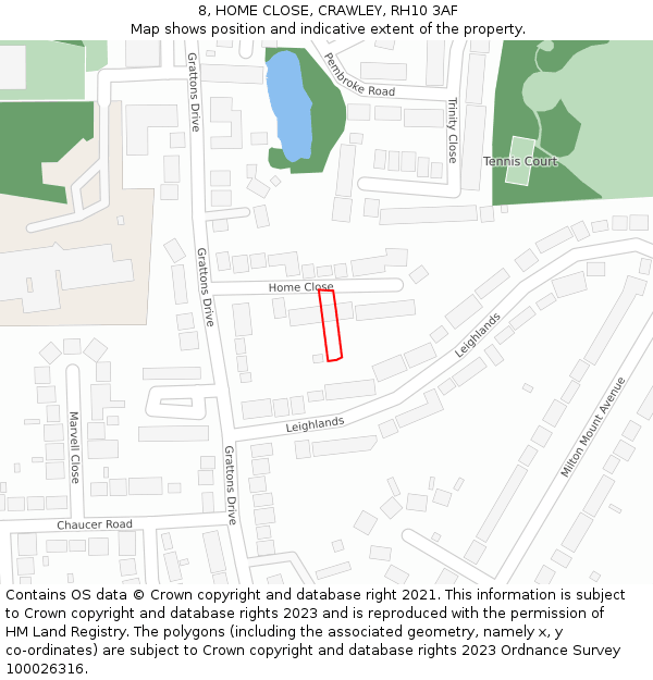 8, HOME CLOSE, CRAWLEY, RH10 3AF: Location map and indicative extent of plot