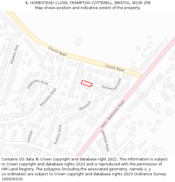 8, HOMESTEAD CLOSE, FRAMPTON COTTERELL, BRISTOL, BS36 2FB: Location map and indicative extent of plot