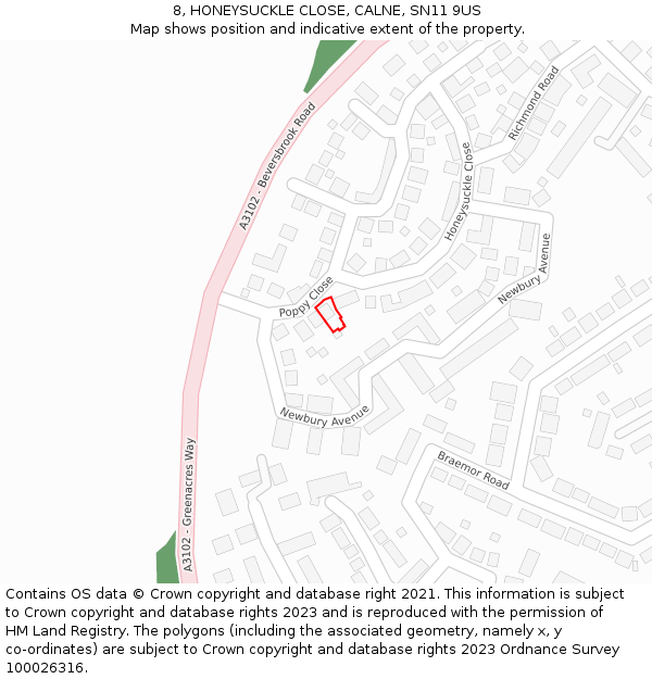 8, HONEYSUCKLE CLOSE, CALNE, SN11 9US: Location map and indicative extent of plot