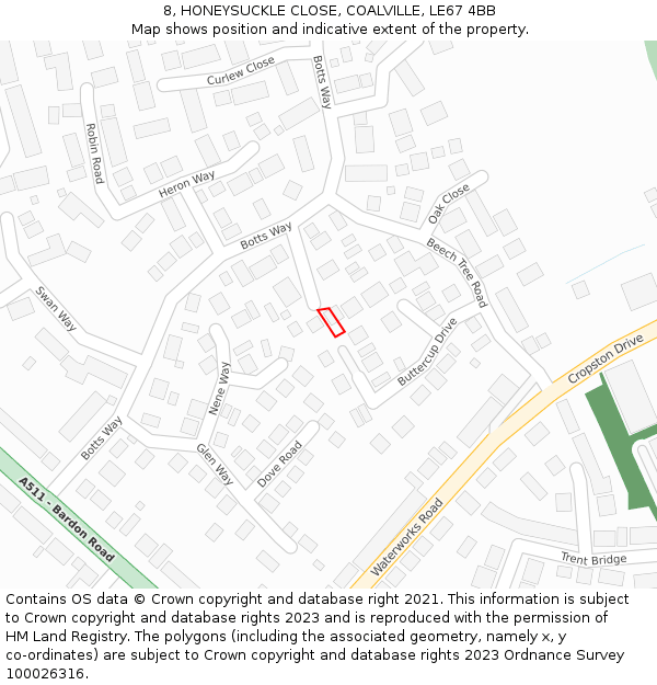 8, HONEYSUCKLE CLOSE, COALVILLE, LE67 4BB: Location map and indicative extent of plot