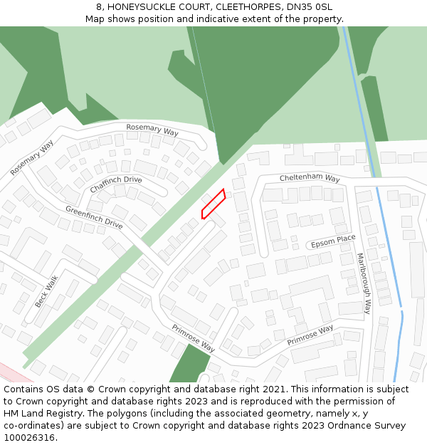 8, HONEYSUCKLE COURT, CLEETHORPES, DN35 0SL: Location map and indicative extent of plot