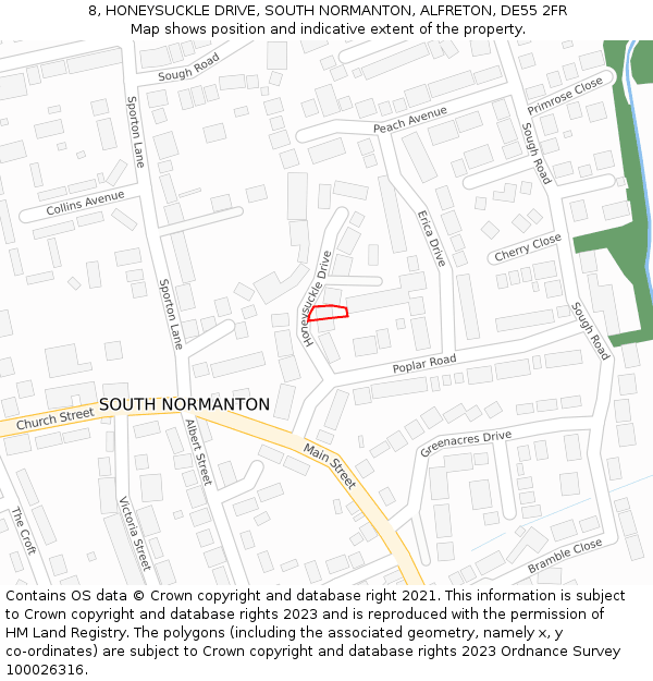 8, HONEYSUCKLE DRIVE, SOUTH NORMANTON, ALFRETON, DE55 2FR: Location map and indicative extent of plot