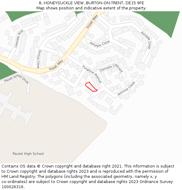 8, HONEYSUCKLE VIEW, BURTON-ON-TRENT, DE15 9FE: Location map and indicative extent of plot