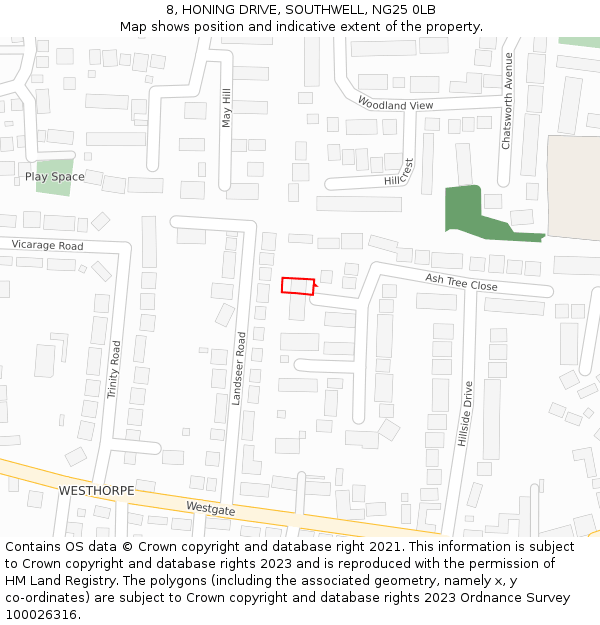 8, HONING DRIVE, SOUTHWELL, NG25 0LB: Location map and indicative extent of plot