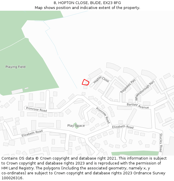 8, HOPTON CLOSE, BUDE, EX23 8FG: Location map and indicative extent of plot