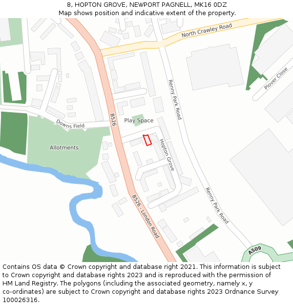 8, HOPTON GROVE, NEWPORT PAGNELL, MK16 0DZ: Location map and indicative extent of plot