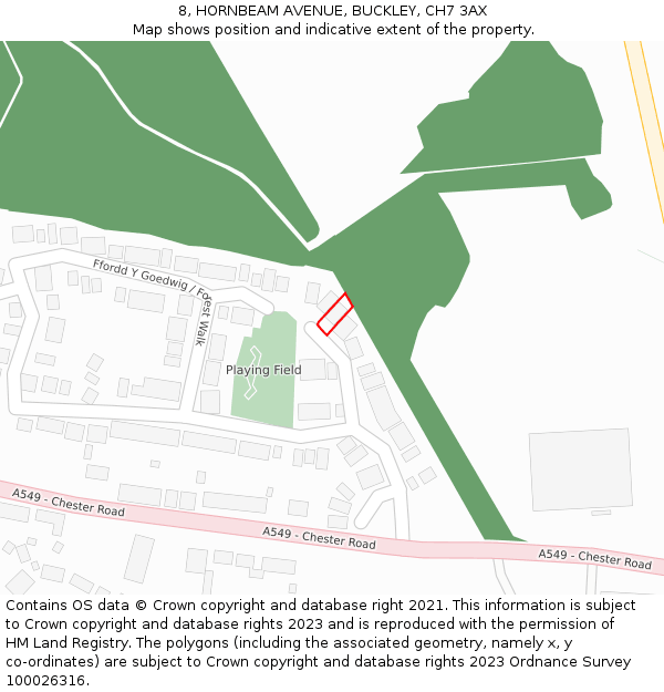 8, HORNBEAM AVENUE, BUCKLEY, CH7 3AX: Location map and indicative extent of plot