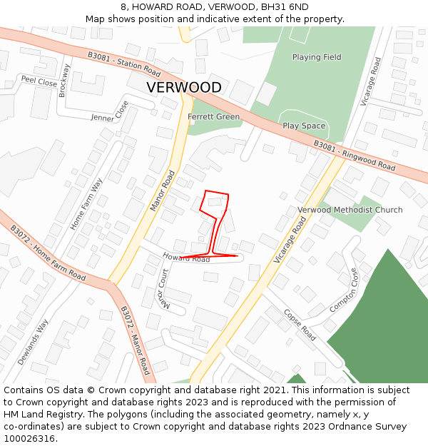8, HOWARD ROAD, VERWOOD, BH31 6ND: Location map and indicative extent of plot