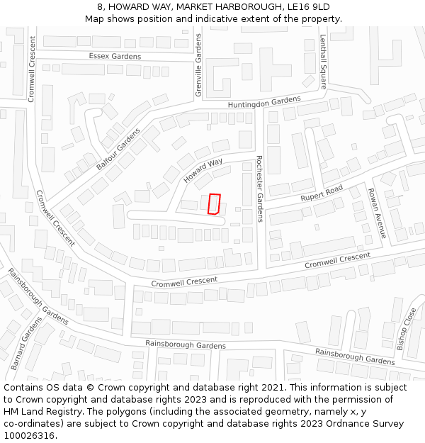 8, HOWARD WAY, MARKET HARBOROUGH, LE16 9LD: Location map and indicative extent of plot