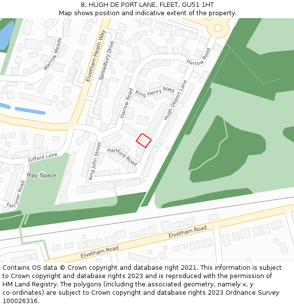 8, HUGH DE PORT LANE, FLEET, GU51 1HT: Location map and indicative extent of plot