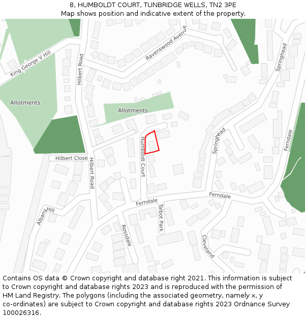8, HUMBOLDT COURT, TUNBRIDGE WELLS, TN2 3PE: Location map and indicative extent of plot