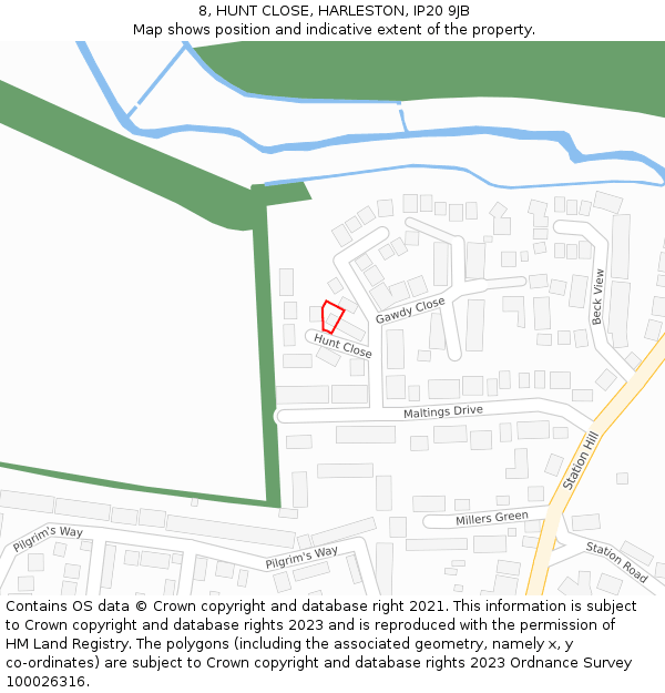 8, HUNT CLOSE, HARLESTON, IP20 9JB: Location map and indicative extent of plot