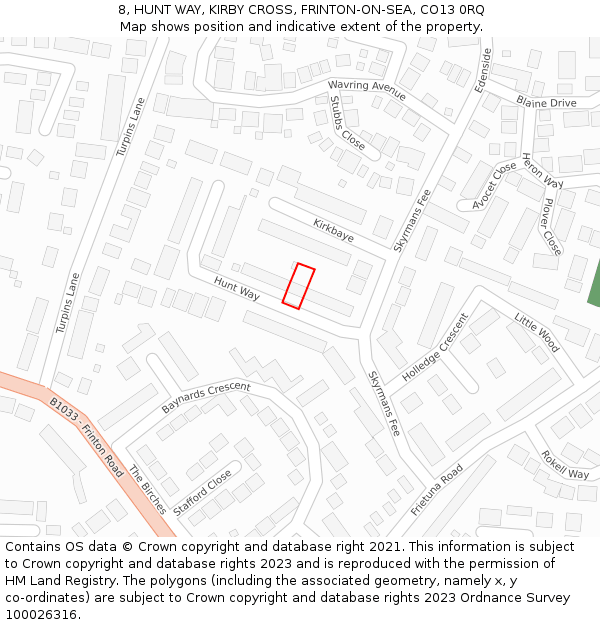 8, HUNT WAY, KIRBY CROSS, FRINTON-ON-SEA, CO13 0RQ: Location map and indicative extent of plot