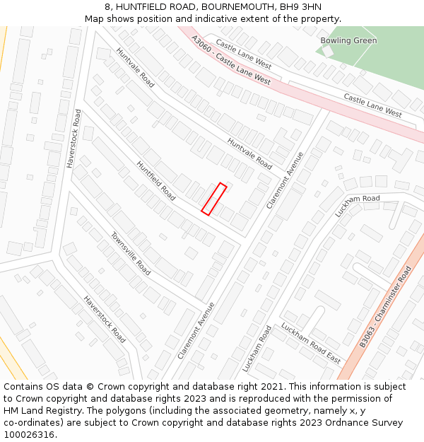 8, HUNTFIELD ROAD, BOURNEMOUTH, BH9 3HN: Location map and indicative extent of plot