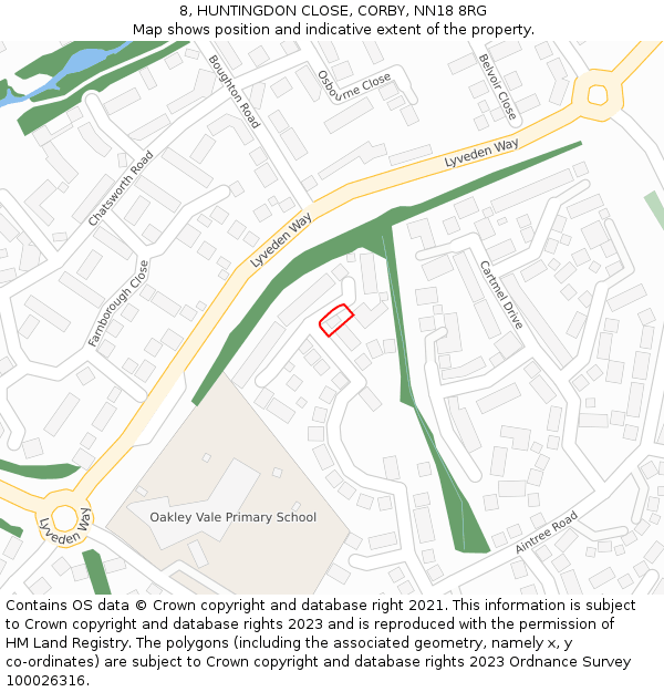 8, HUNTINGDON CLOSE, CORBY, NN18 8RG: Location map and indicative extent of plot