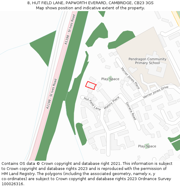 8, HUT FIELD LANE, PAPWORTH EVERARD, CAMBRIDGE, CB23 3GS: Location map and indicative extent of plot