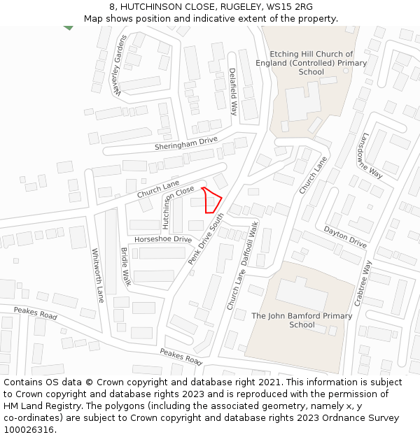 8, HUTCHINSON CLOSE, RUGELEY, WS15 2RG: Location map and indicative extent of plot