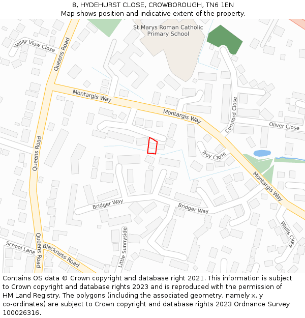 8, HYDEHURST CLOSE, CROWBOROUGH, TN6 1EN: Location map and indicative extent of plot