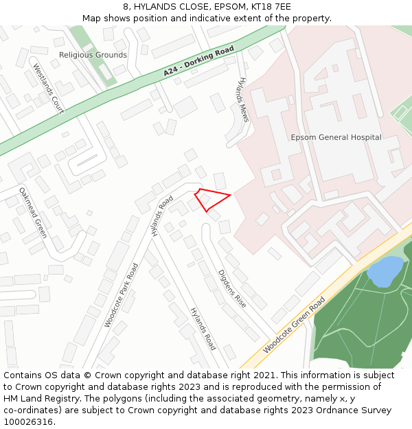 8, HYLANDS CLOSE, EPSOM, KT18 7EE: Location map and indicative extent of plot