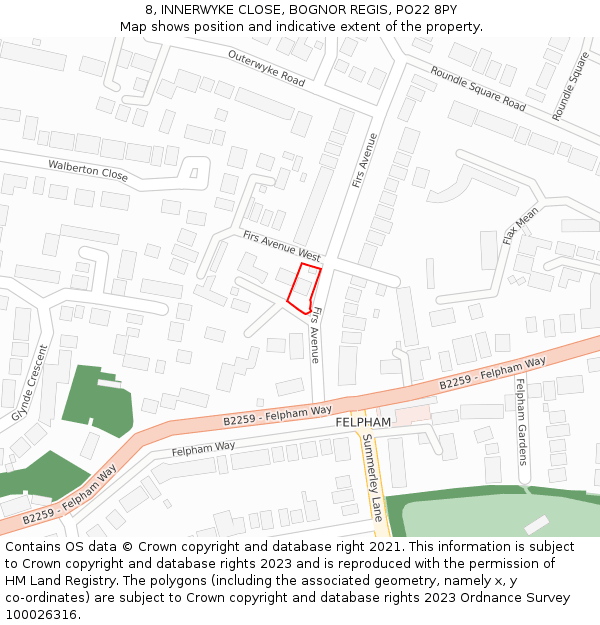 8, INNERWYKE CLOSE, BOGNOR REGIS, PO22 8PY: Location map and indicative extent of plot