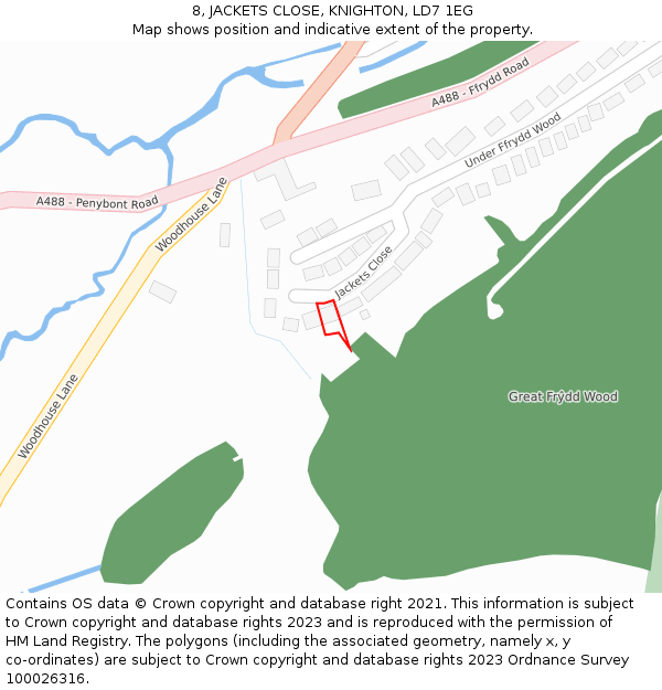 8, JACKETS CLOSE, KNIGHTON, LD7 1EG: Location map and indicative extent of plot