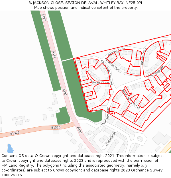 8, JACKSON CLOSE, SEATON DELAVAL, WHITLEY BAY, NE25 0PL: Location map and indicative extent of plot