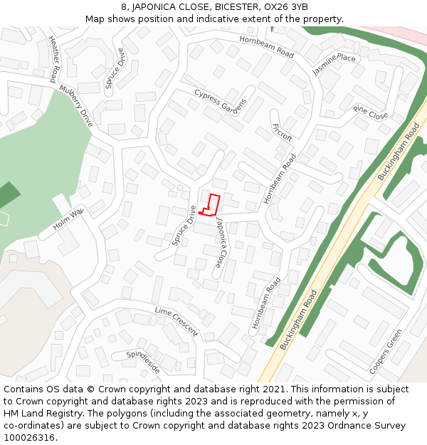 8, JAPONICA CLOSE, BICESTER, OX26 3YB: Location map and indicative extent of plot