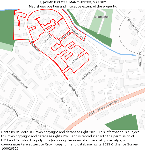 8, JASMINE CLOSE, MANCHESTER, M23 9EY: Location map and indicative extent of plot