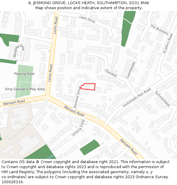 8, JESMOND GROVE, LOCKS HEATH, SOUTHAMPTON, SO31 9NW: Location map and indicative extent of plot