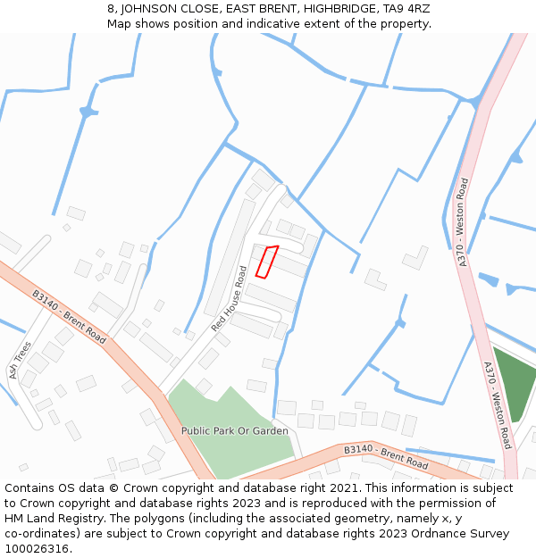 8, JOHNSON CLOSE, EAST BRENT, HIGHBRIDGE, TA9 4RZ: Location map and indicative extent of plot