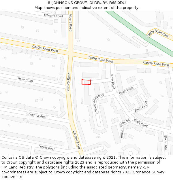 8, JOHNSONS GROVE, OLDBURY, B68 0DU: Location map and indicative extent of plot