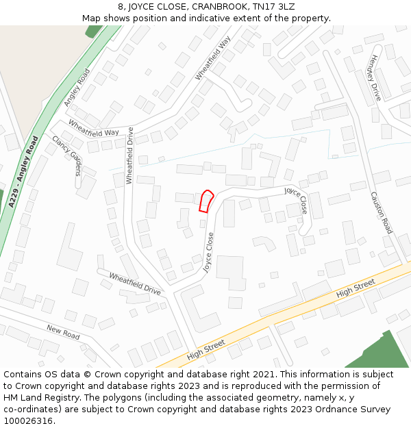 8, JOYCE CLOSE, CRANBROOK, TN17 3LZ: Location map and indicative extent of plot