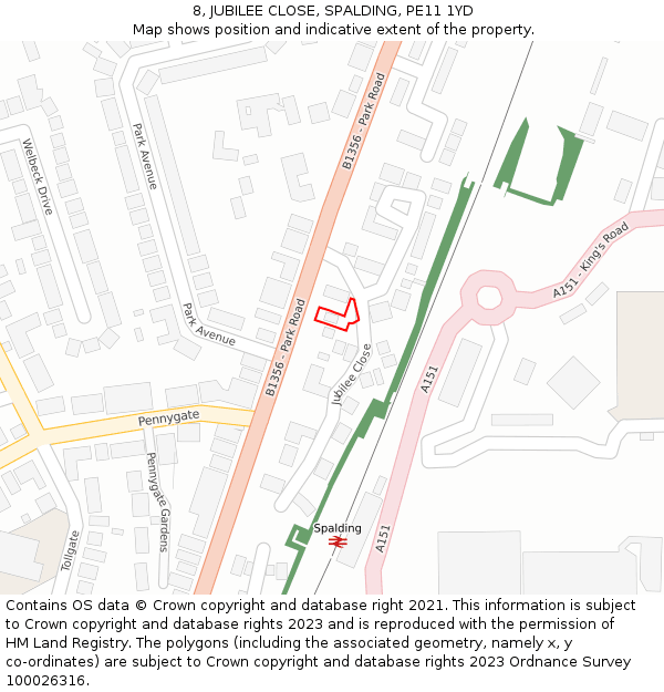 8, JUBILEE CLOSE, SPALDING, PE11 1YD: Location map and indicative extent of plot