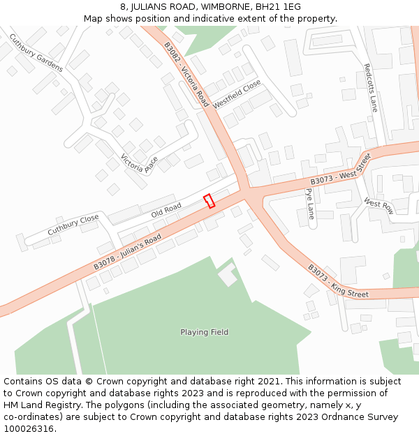 8, JULIANS ROAD, WIMBORNE, BH21 1EG: Location map and indicative extent of plot